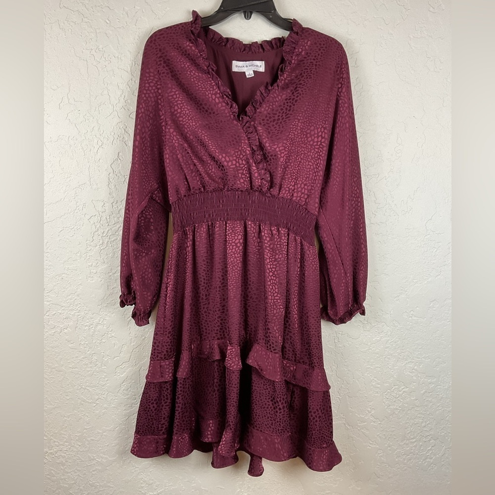 Emma & Michele Wine Ruffled Long Sleeve Dress Size Large